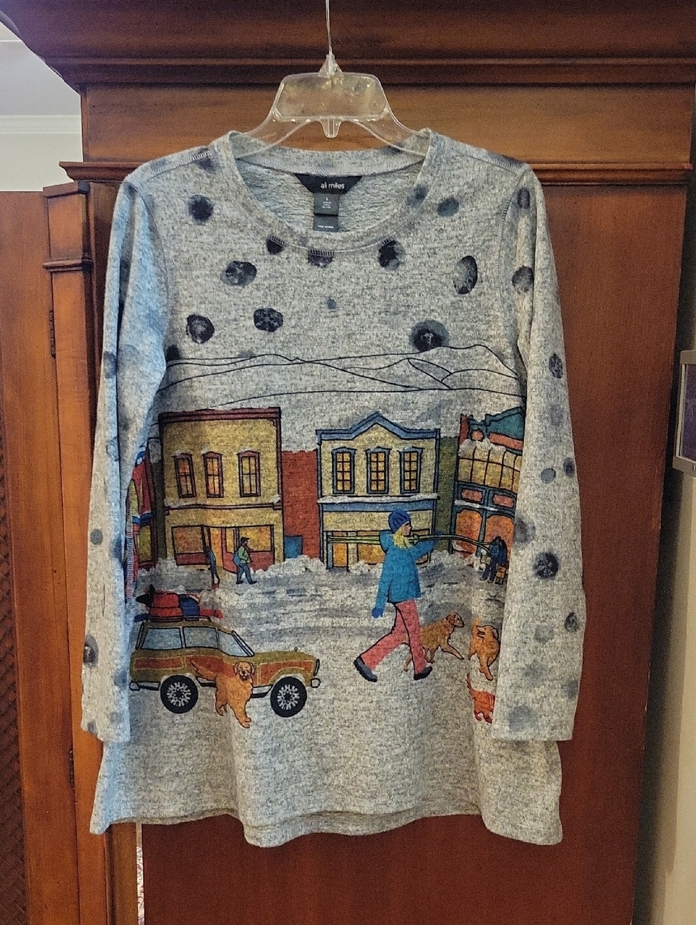 Ali Miles | Artsy Gray Knit L/S Tunic Top Town Scene Dog Snow Winter - Size S